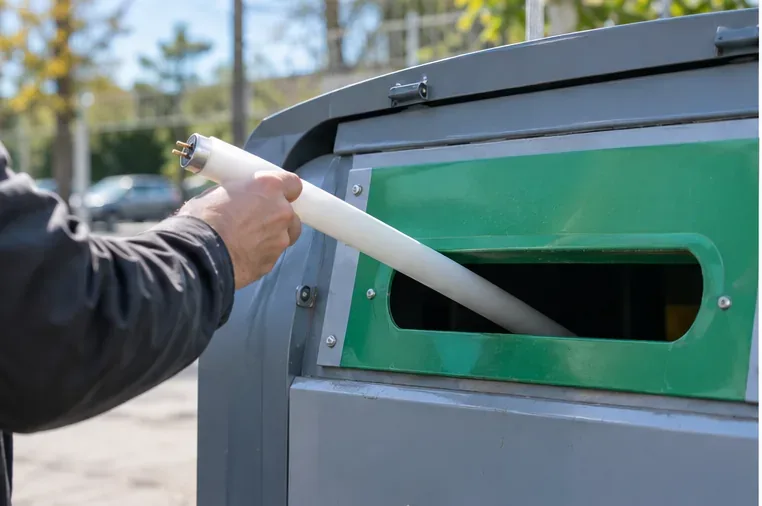 Une personne introduit avec précaution un tube fluorescent intact dans l’ouverture d’un conteneur de collecte dédié.