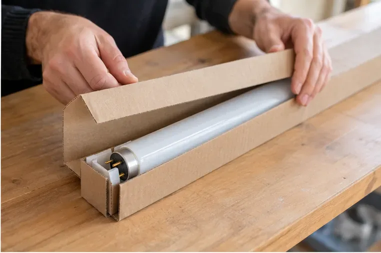 Un tube fluorescent intact est placé dans une longue boîte en carton protectrice sur une table.