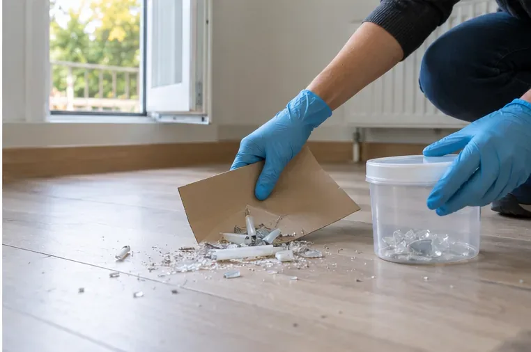 Une personne portant des gants rassemble avec un morceau de carton les débris d’un tube fluorescent cassé près d’un récipient fermé.