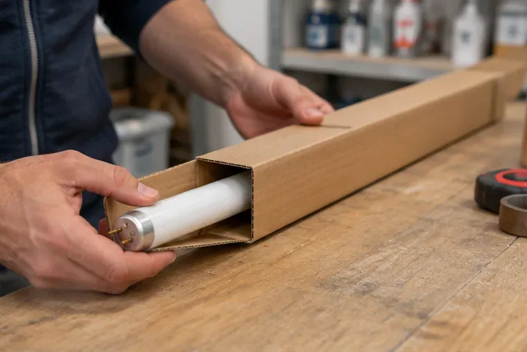 Un tube fluorescent intact glissé dans un long étui en carton pour être transporté vers un point de recyclage