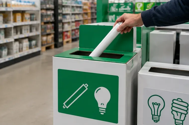 Une main dépose un tube fluorescent dans un bac de collecte dédié aux lampes dans un magasin