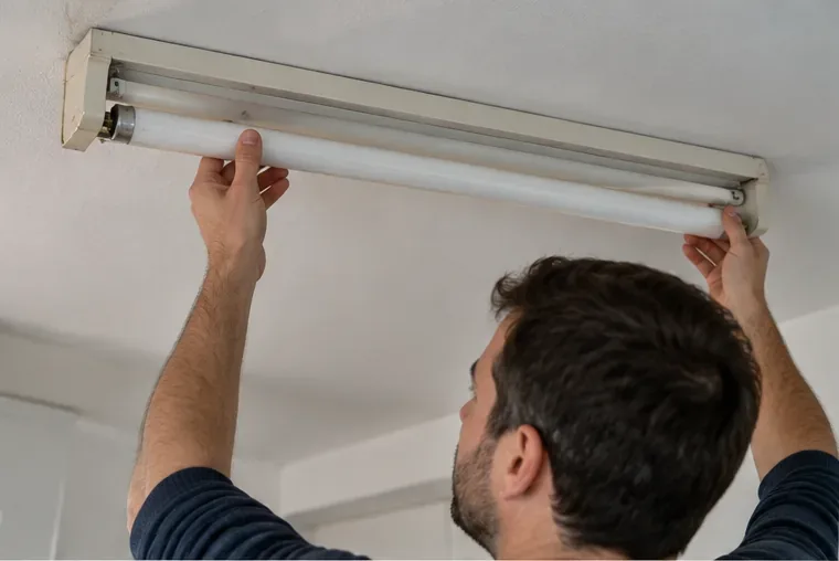 Une personne retire avec précaution un tube fluorescent intact de son luminaire avant recyclage