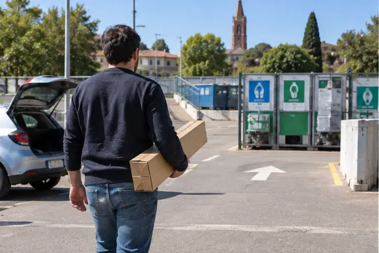 Une personne marche vers une déchèterie en portant deux longues boîtes en carton contenant des tubes fluorescents.