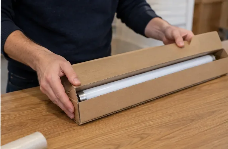 Un tube fluorescent est placé dans une longue boîte en carton rigide sur une table.