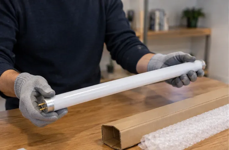 Une personne tient avec précaution un tube fluorescent intact au-dessus d’une table, avec un emballage de protection à proximité.