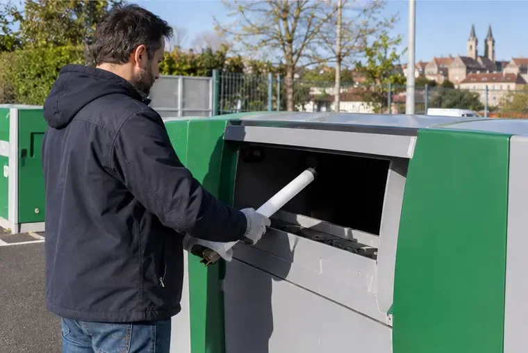 Usager déposant un tube fluorescent intact dans un conteneur de collecte en déchèterie