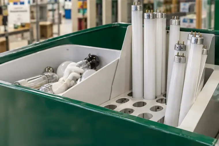 Bac de collecte séparée contenant des tubes fluorescents et des ampoules dans un magasin