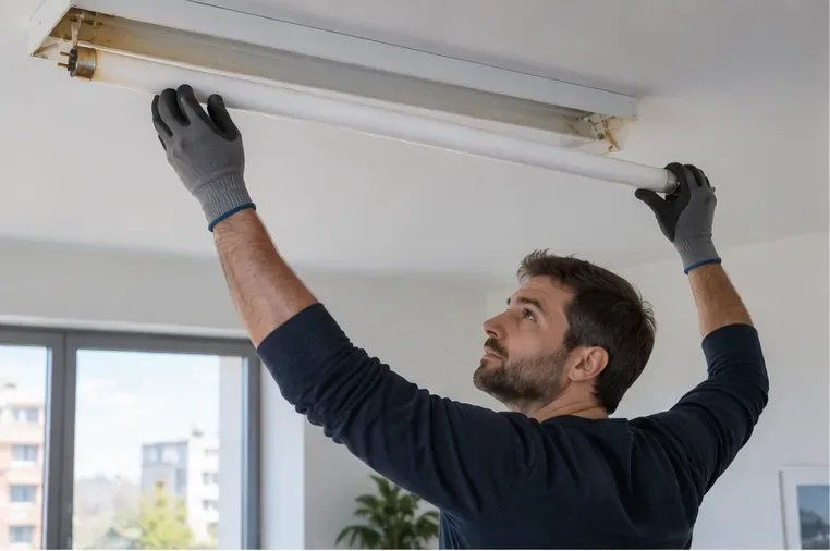 Une personne gantée retire avec précaution un tube fluorescent d'un luminaire au plafond