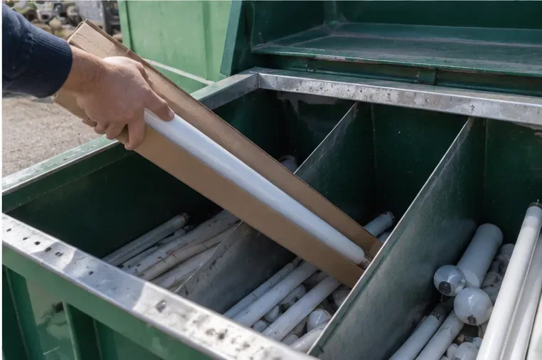 Un tube fluorescent protégé par un carton est déposé dans un contenant de collecte rempli d'autres tubes et ampoules