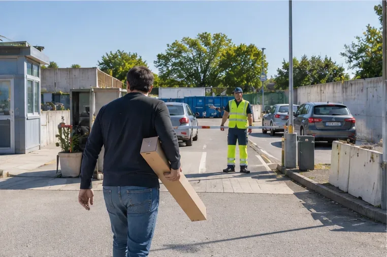 Une personne arrive dans une déchèterie en portant une longue boîte contenant un tube fluorescent