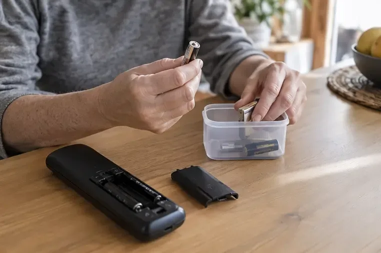 Une personne examine une pile près d’un récipient transparent où sont regroupées des piles usagées, avec une télécommande ouverte sur la table