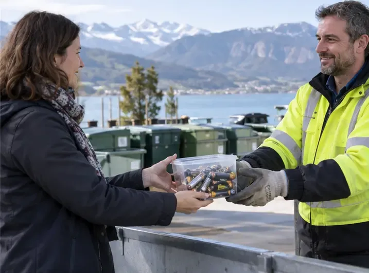 Une habitante remet un contenant de piles usagées à un agent portant un gilet de sécurité dans un point de dépôt extérieur au bord du lac d’Annecy.