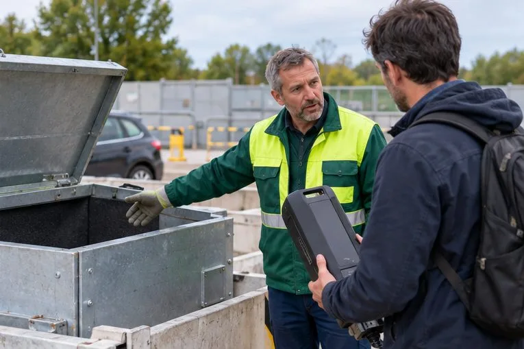 Un usager demande à un agent d’un centre de recyclage où déposer une batterie de vélo dans un contenant adapté
