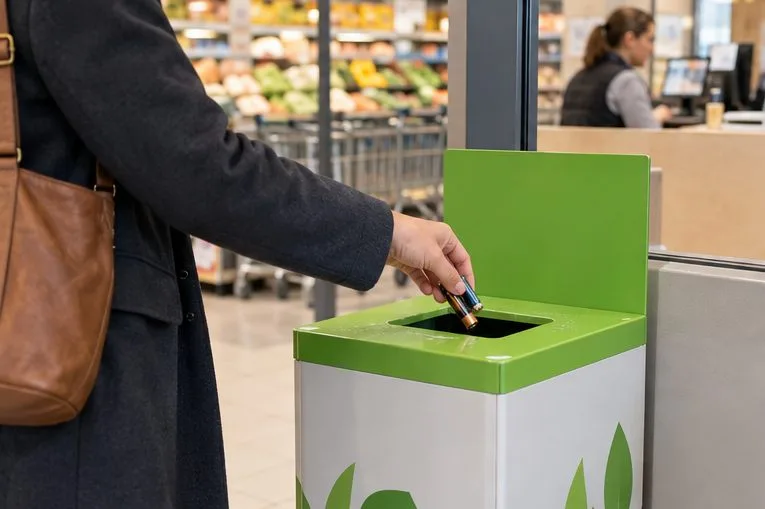 Une personne dépose une pile usagée dans une borne de collecte située dans un magasin