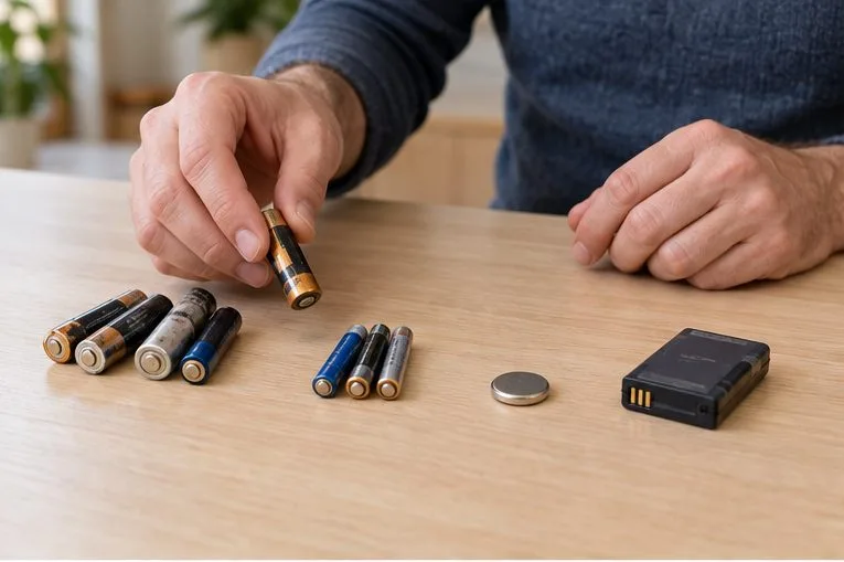 Des piles AA et AAA usagées, une pile bouton et une batterie rechargeable séparées sur une table avant leur dépôt