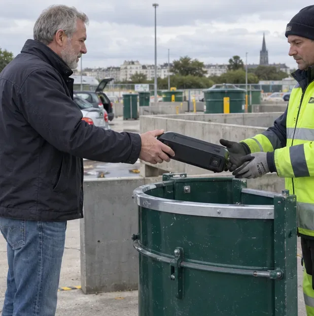 Un usager remet une batterie amovible de vélo électrique à un agent près d’un grand contenant de collecte