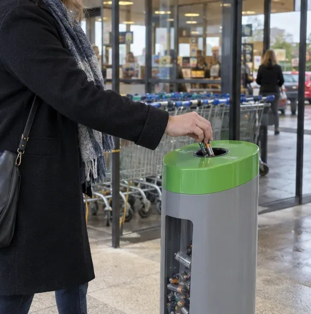 Une personne dépose des piles domestiques dans une borne de collecte située à l’entrée d’un magasin
