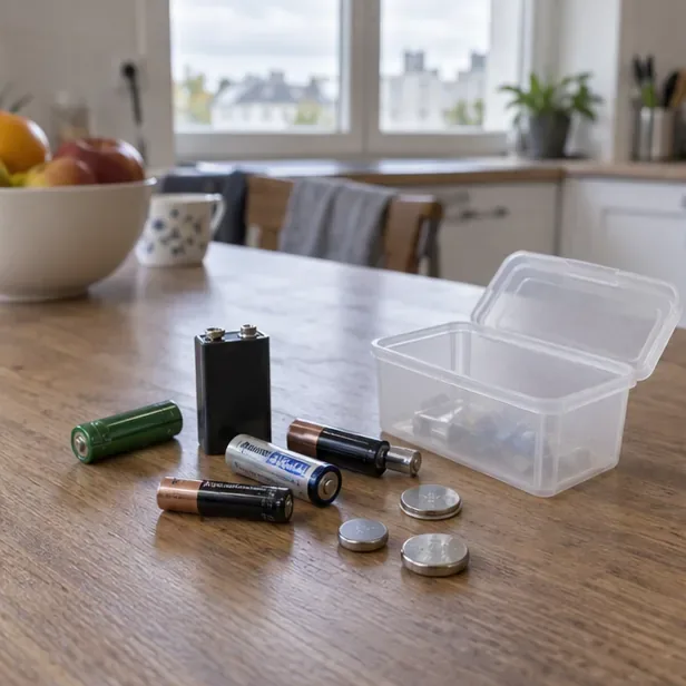 Plusieurs piles usagées de formats différents réunies sur une table près d’un petit contenant ouvert