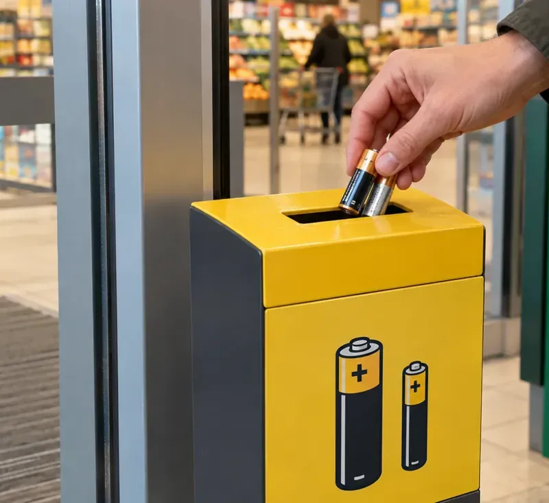 Une main dépose deux piles AA dans une borne jaune identifiée par des pictogrammes de piles