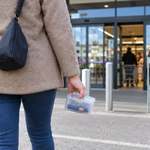 Une personne apporte une petite boîte de piles à l’entrée d’un magasin