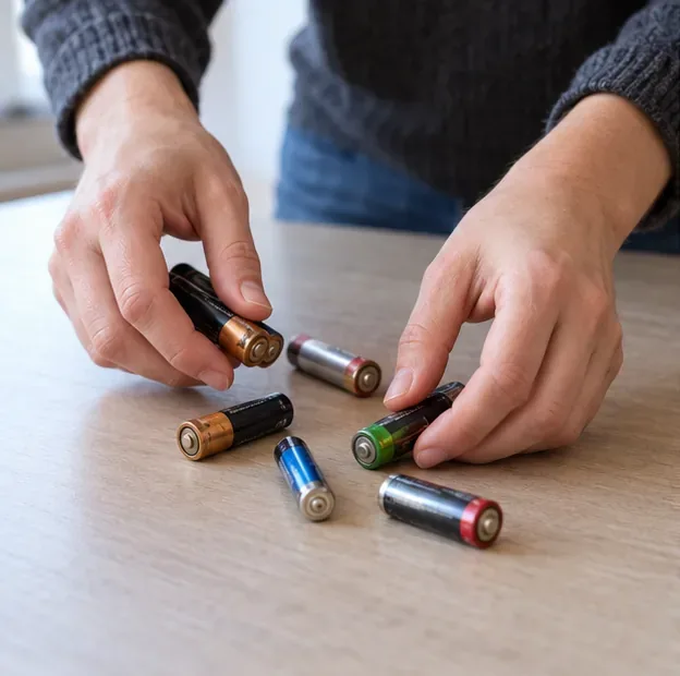 Des mains rassemblent plusieurs piles bâtons AA et AAA usagées sur une table