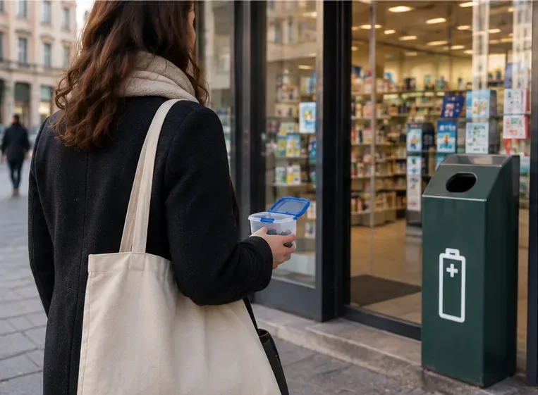 Une personne arrive devant un commerce avec une petite boîte de piles et repère une borne dédiée à la collecte