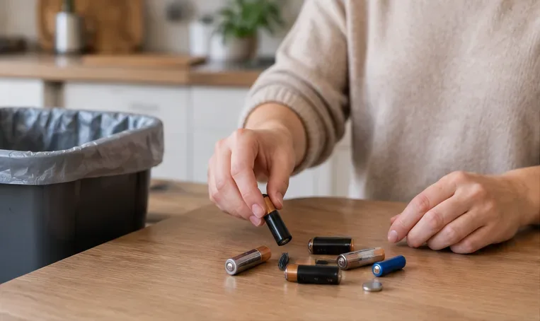 Une personne sépare plusieurs piles usagées sur une table avant de les mettre de côté pour la collecte