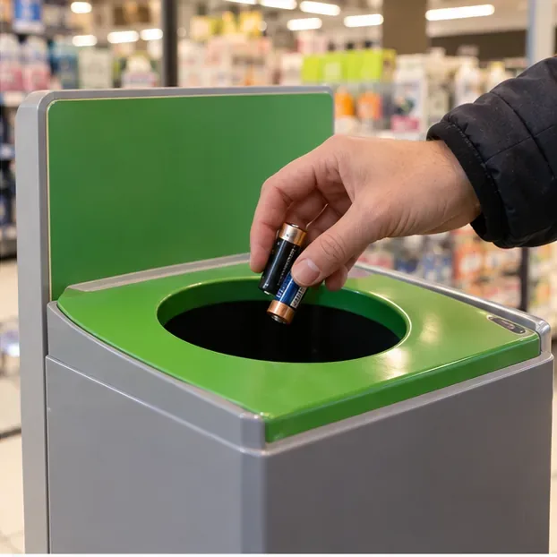 Main déposant une pile cylindrique dans une borne de collecte en magasin