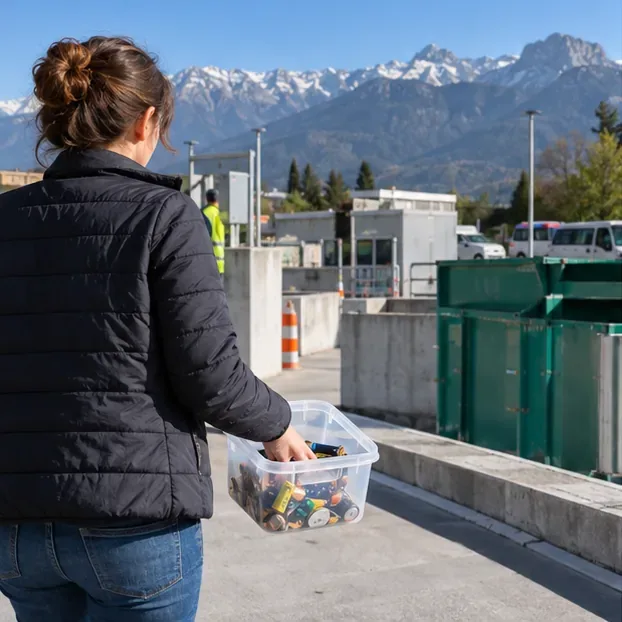 Personne apportant un bac transparent rempli de piles vers une déchèterie avec des montagnes en arrière-plan