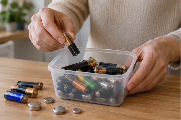 Une personne rassemble des piles AA, AAA et boutons usagées dans une boîte transparente avant de les apporter à un point de collecte