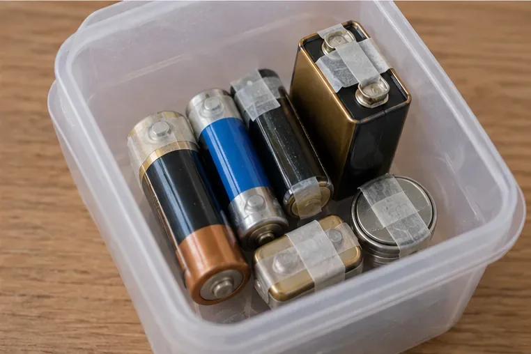 Plusieurs piles et batteries usagées sont rangées dans une boîte, avec leurs contacts recouverts de ruban adhésif isolant