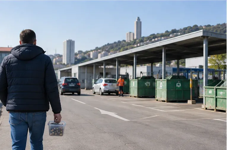 Un homme transporte une boîte de piles usagées vers un centre de recyclage équipé de plusieurs conteneurs