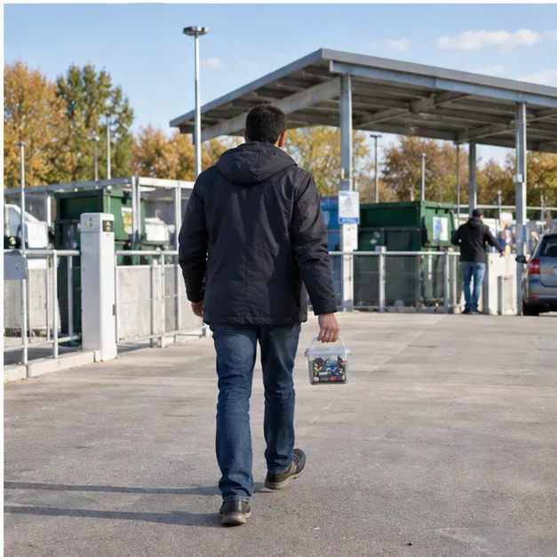 Une personne porte un petit récipient de piles vers la zone de dépôt d’une déchèterie extérieure