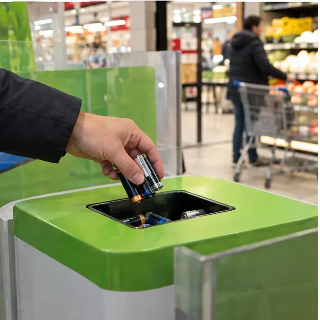 Une main dépose plusieurs piles cylindriques dans une borne de collecte dédiée située à l’entrée d’un supermarché