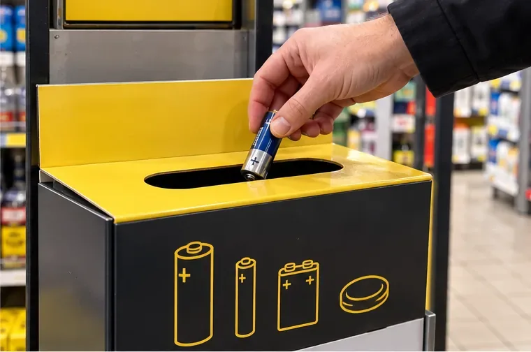 Main déposant une pile dans un bac de collecte dédié en magasin