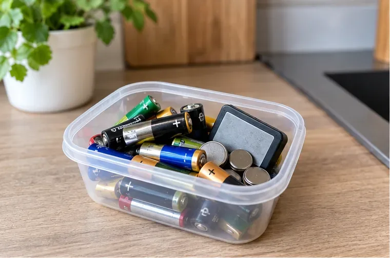 Piles usagées de différents formats rassemblées dans une petite boîte avant leur dépôt en collecte