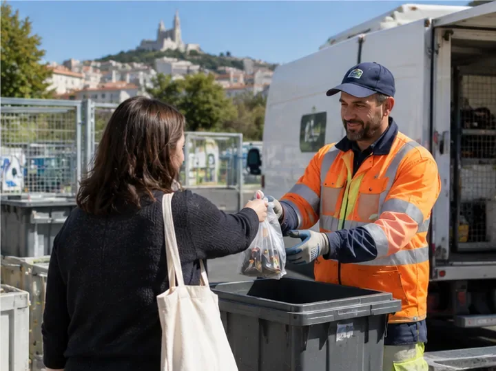 Une habitante remet un sachet de piles usagées à un agent en tenue haute visibilité dans un site de collecte extérieur à Marseille.