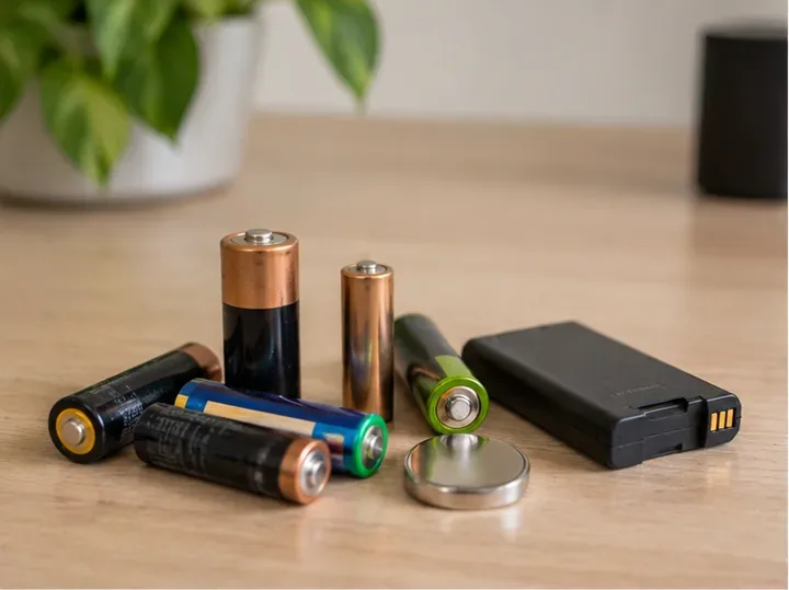 Plusieurs piles cylindriques, une pile bouton et une petite batterie rechargeable sont posées sur une table en bois avant leur tri.