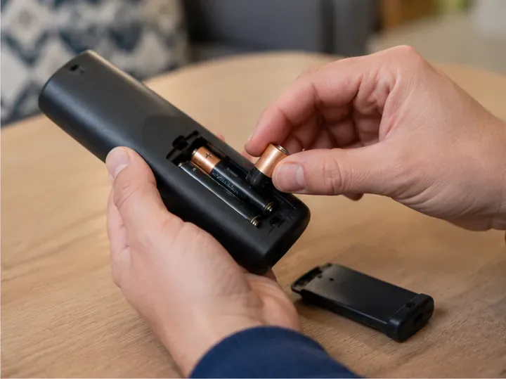 Des mains retirent une pile d’une télécommande ouverte grâce à la trappe prévue à cet effet.