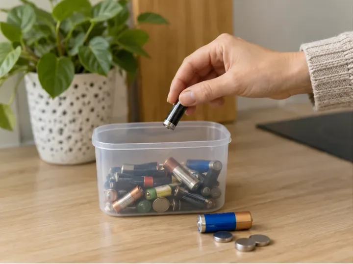 Une main place des piles usagées de différents formats dans une petite boîte en plastique sur une table, avant leur dépôt dans un point de collecte.