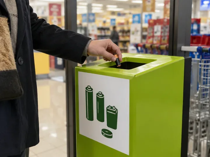 Une personne dépose une petite pile cylindrique dans une borne verte de collecte située à l’entrée d’un magasin.
