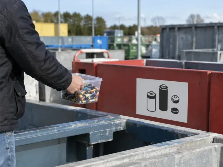 Une personne tient une boîte transparente remplie de piles usagées devant une zone de dépôt de déchèterie équipée d’un pictogramme de piles.