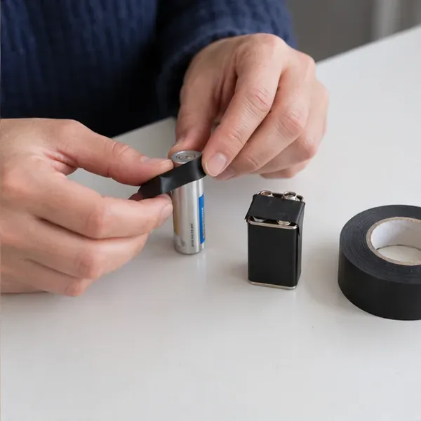 Une personne recouvre avec du ruban isolant les contacts d'une pile cylindrique et d'une pile de 9 volts