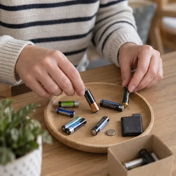 Plusieurs piles AA, AAA, bouton et rechargeables sont regroupées sur un plateau pour être triées avant le dépôt