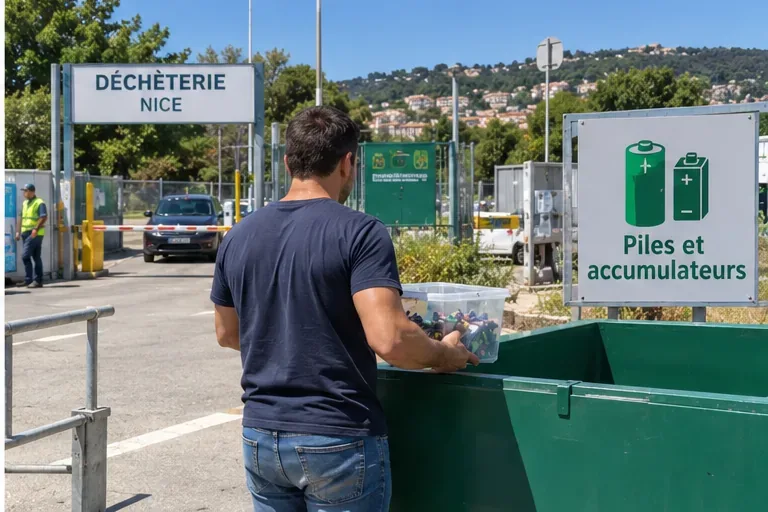 Un usager apporte un bac de piles et accumulateurs dans une zone de déchetterie à Nice, devant une signalétique dédiée.