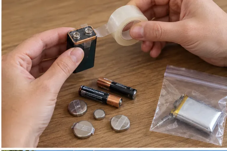 Des mains appliquent du ruban adhésif sur les bornes d’une pile 9 V, avec des piles bouton et une batterie lithium placée dans un sachet transparent à côté.