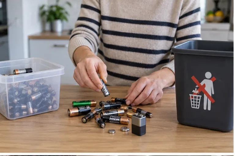 Une personne trie des piles AA, AAA, bouton et une pile 9 V sur une table, à côté d’un récipient de stockage temporaire.