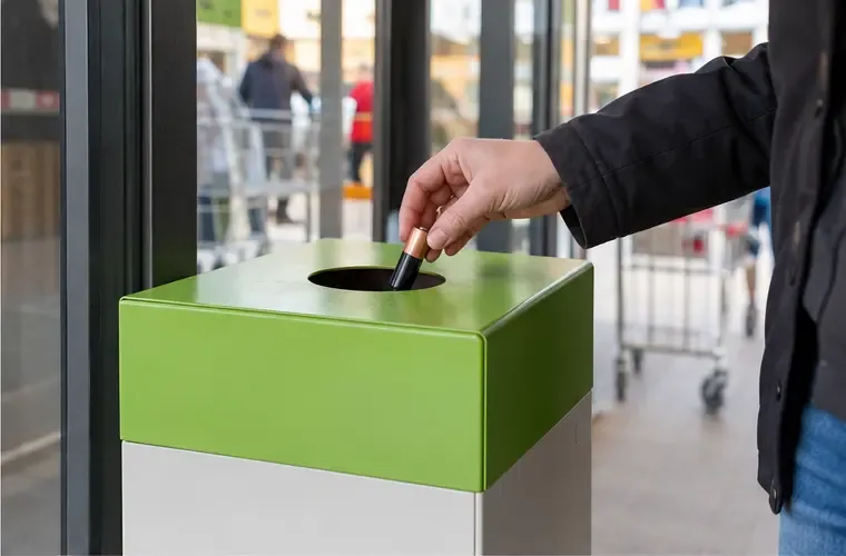 Main déposant une pile cylindrique intacte dans un collecteur dédié situé à l’entrée d’un commerce