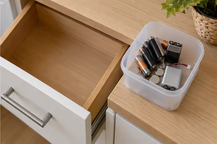 Tiroir vidé et boîte séparée contenant des piles et batteries prêtes à être déposées