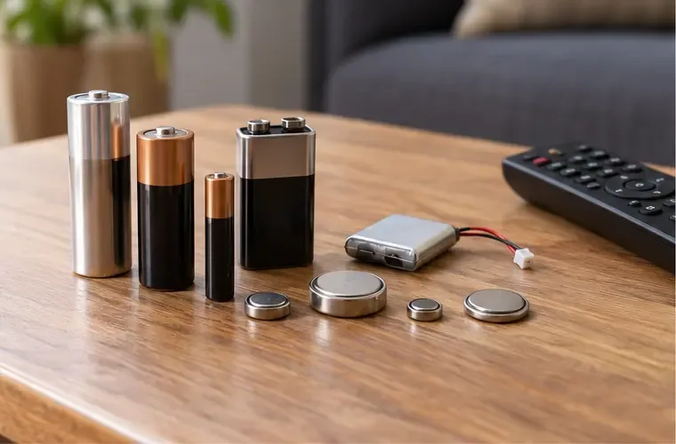Piles cylindriques, piles bouton et petite batterie rechargeable triées sur une table près d’une télécommande